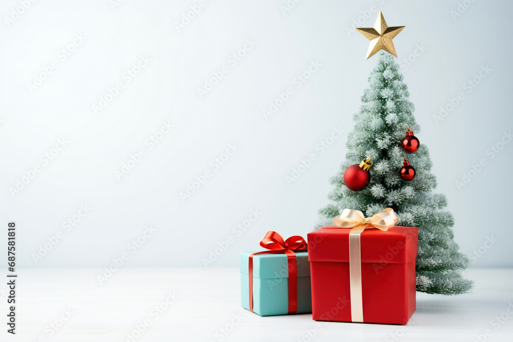 Christmas tree and gift boxes on white background with copy space. High quality photo Christmas tree and gift boxes on white background with copy space. High quality photo