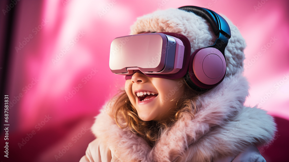 Digital natives child in VR glasses, plays on games, on the pink background. Concept of the Alpha Generation Digital natives child in VR glasses, plays on games, on the pink background. Concept of the Alpha Generation