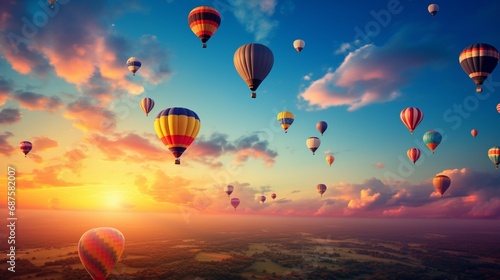 colorful hot air balloons ascending into the early morning sky, with a flock of birds flying alongside them.
