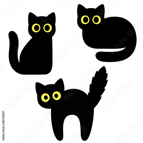 Simple cartoon black cat silhouette set