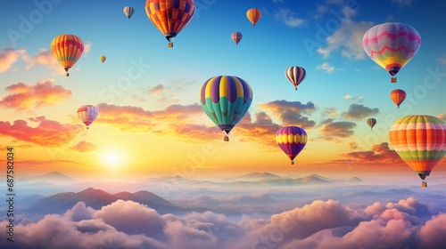 colorful hot air balloons ascending into the early morning sky, with a flock of birds flying alongside them.