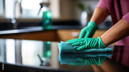 Close-up of hands wearing rubber gloves cleaning a surface photo