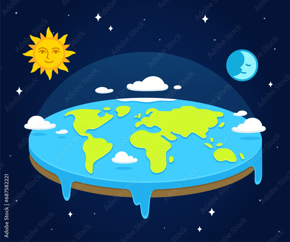 Naklejka premium Cartoon flat earth in space with sun and moon rotating around it. Simple style vector clip art illustration.