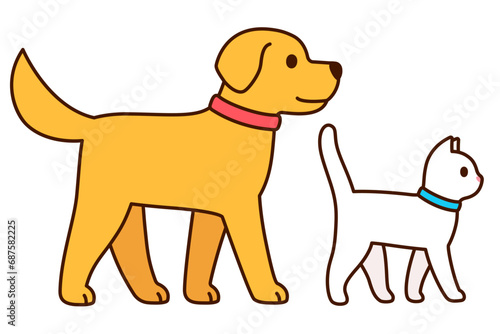 Cartoon cat and dog walking together  simple drawing. Golden labrador retriever and white kitty. Cute vector clip art illustration.
