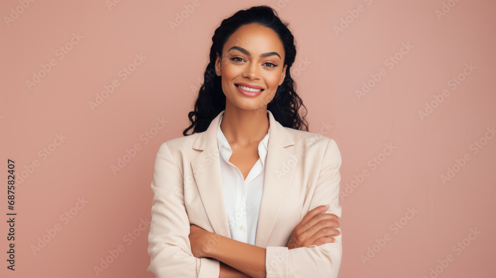 Confident businesswoman smiling at the camera, with her arms crossed, wearing a stylish peach blazer over a light blouse against an orange background. Confident businesswoman smiling at the camera, with her arms crossed, wearing a stylish peach blazer over a light blouse against an orange background.
