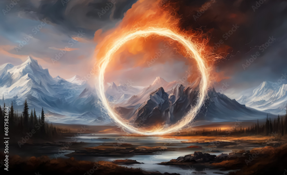 Fototapeta premium A fantastic landscape with a neon circle. The background is dark. AI