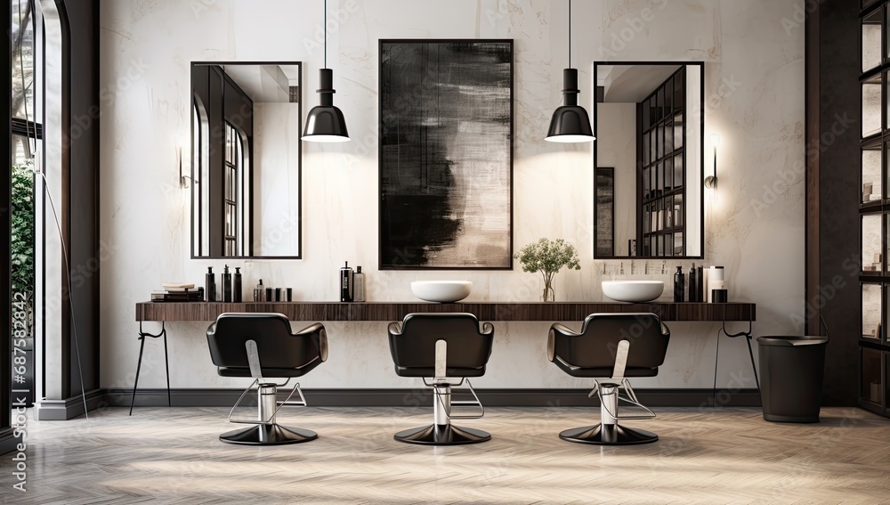 Fototapeta Contemporary salon interior: chic design, comfortable seating, professional furnishings and stylish decor for a fashionable environment.