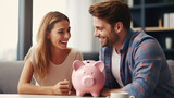 Smiling couple sitting on a sofa, holding a pink piggy bank together, symbolizing financial planning and savings in a domestic setting.