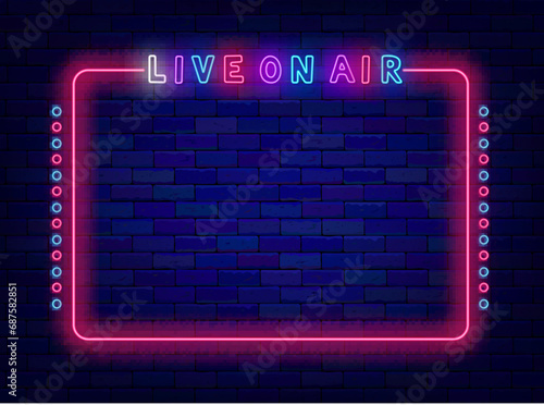 Live on air neon advertising. Colorful handwritten text. Vintage pink border. Talk show online. Vector illustration