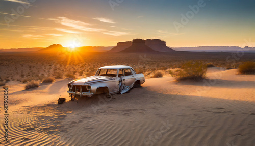 Vielle carcasse rouillée de voiture abandonnée dans le désert © Cristian