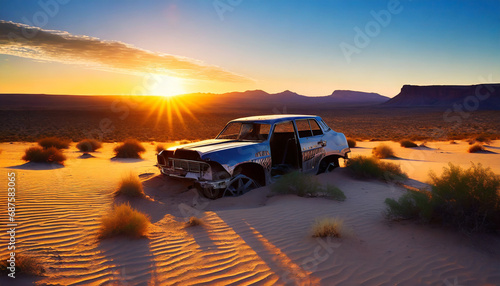 Vielle carcasse rouillée de voiture abandonnée dans le désert