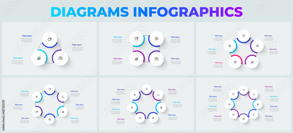 Set of cycle diagrams with 3, 4, 5, 6, 7 and 8 options or steps. Slides for business presentation. Circle abstract elements - obrazy, fototapety, plakaty 