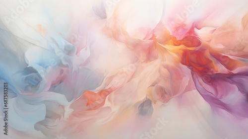 soft pastel paint splashes gently fall onto a clear white surface  creating a soothing and artistic scene.