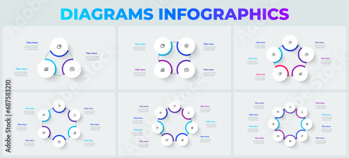 Set of cycle diagrams with 3, 4, 5, 6, 7 and 8 options or steps. Slides for business presentation. Circle abstract elements photo