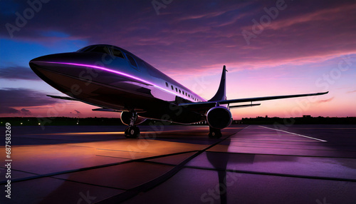 Jet privé sur une piste d'atterrissage au coucher du soleil photo