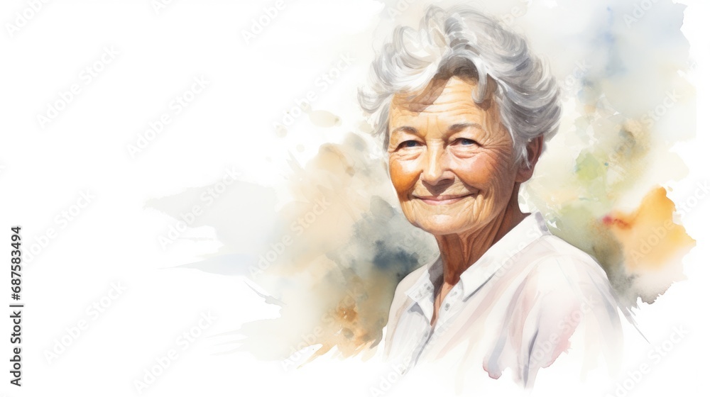 watercolor portrait of cheerful senior lady,isolated on white background