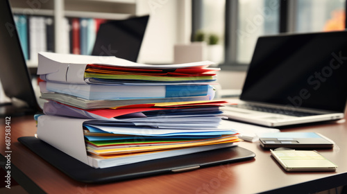 Busy office desk with a laptop and a large stack of paperwork