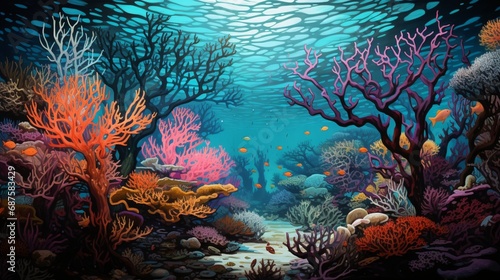 surreal underwater scene with vibrant  coral-like trees swaying gently in the ocean s currents  their branches teeming with colorful marine life.