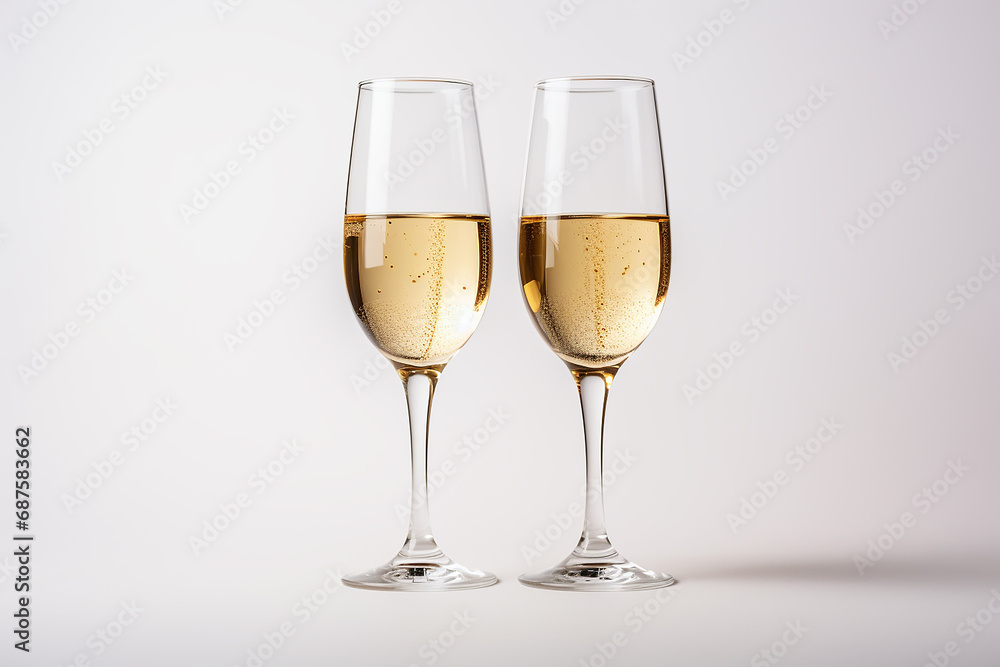 Two glasses of champagne on a white background