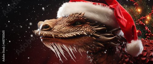 Dragon with fangs and teeth in a red Santa Claus hat among shiny candies and snowflakes, a symbol of the New Year. © aapsky