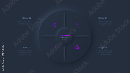 Circle diagram divided into 4 sectors. Design concept of four steps or parts of business cycle. Dark neumorphic infographic design template