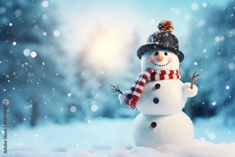 Happy snowman standing in winter landscape Merry Christmas and New Year greeting card with copy space text