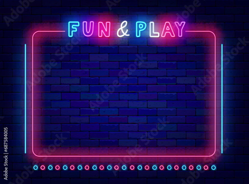 Fun and play neon banner. Striped pink frame with space for text. Kids zone. Night show flyer. Vector stock illustration
