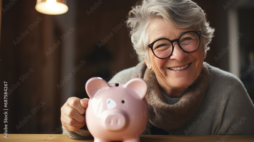 Joyful elderly woman holding a pink piggybank, symbolizing financial security and the importance of savings, especially for retirement. - obrazy, fototapety, plakaty 