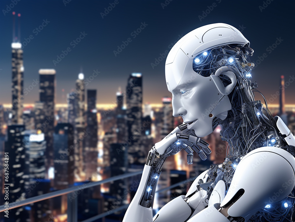 Fototapeta premium 3D Humanoid Robot Thinking with Industrial Background