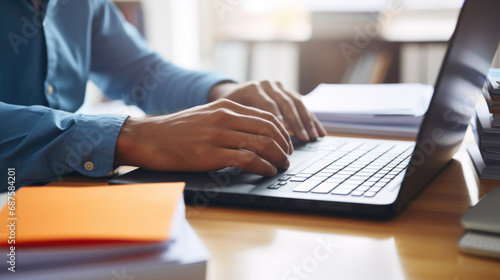 Close-up of a man's hands typing on a laptop keyboard, with a stack of paperwork beside them photo