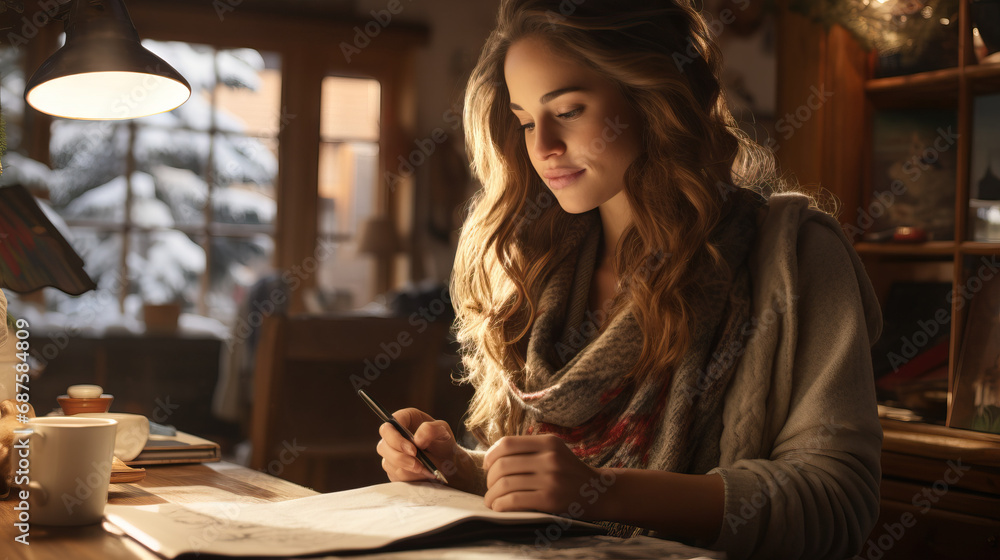 Writing a letter. Portraits of individuals enjoying indoor activities during winter. Concept of coziness, introspection, seasonal pastimes. - obrazy, fototapety, plakaty 