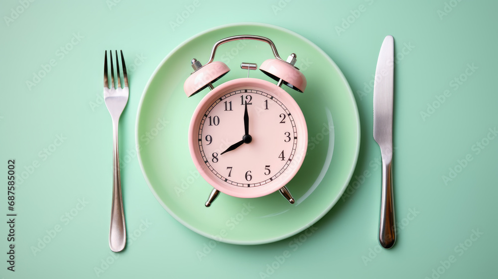 Clock placed on a plate flanked by a fork and a knife , symbolizing the importance of timing in eating habits. - obrazy, fototapety, plakaty 