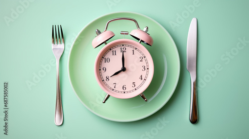 Clock placed on a plate flanked by a fork and a knife , symbolizing the importance of timing in eating habits.
