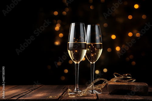 Two glasses of champagne on a dark background with glitter and space for text
