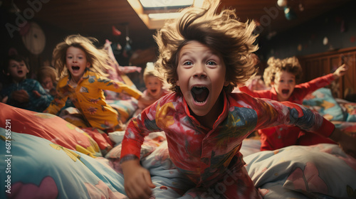 Group of kids in colorful pajamas engaged in a playful pillow fight, capturing the excitement and laughter in a cozy bedroom setting.