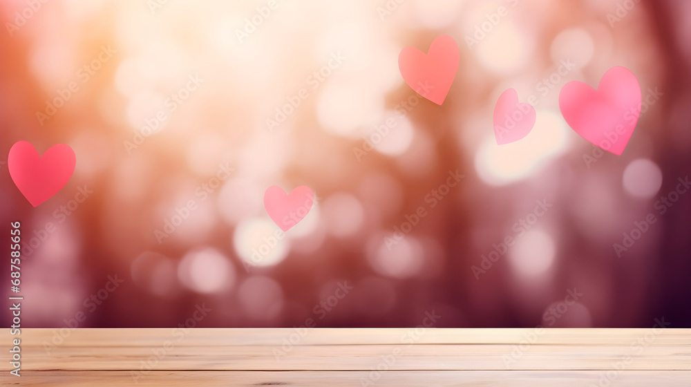 Empty wooden table with defocused bokeh hearts and rounds in pink and red colors, template with heart symbols, a mockup scene for Valentine's Day, anniversaries, and other heartfelt occasions.
