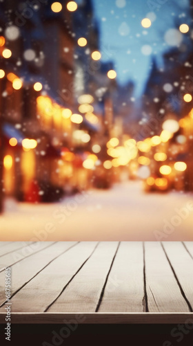 Empty wooden table against beautifully decorated Christmas fair at night with a warm, joyful atmosphere. Mockup table with defocused Christmas market in lights at night