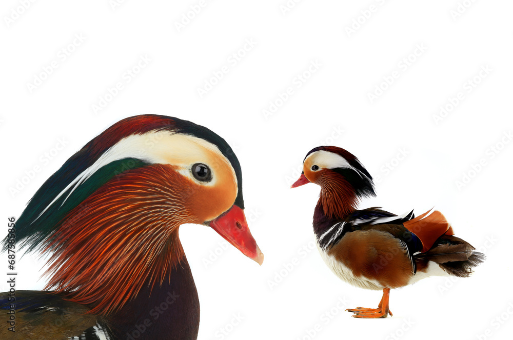 male mandarin duck isolated on white background.