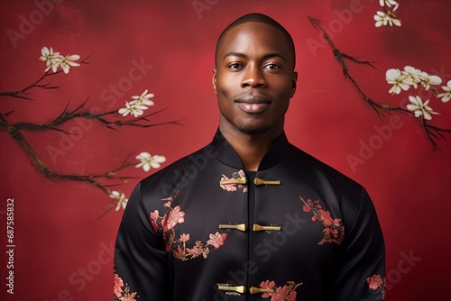 Young African beauty man wearing cheongsam, one color background, copy space. generative ai