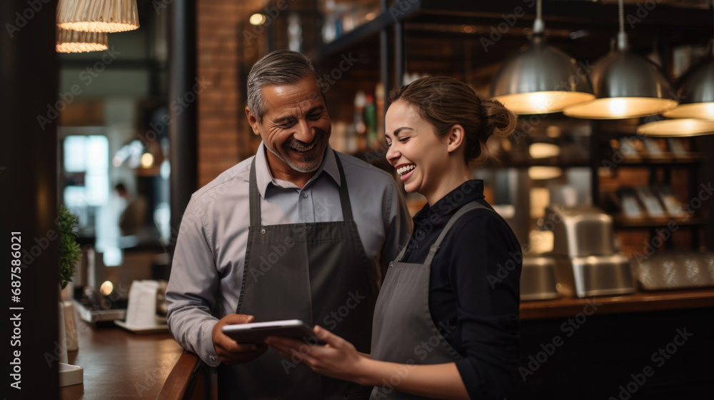 Cafe worker and manager smiling and engaging with each other while using a tablet