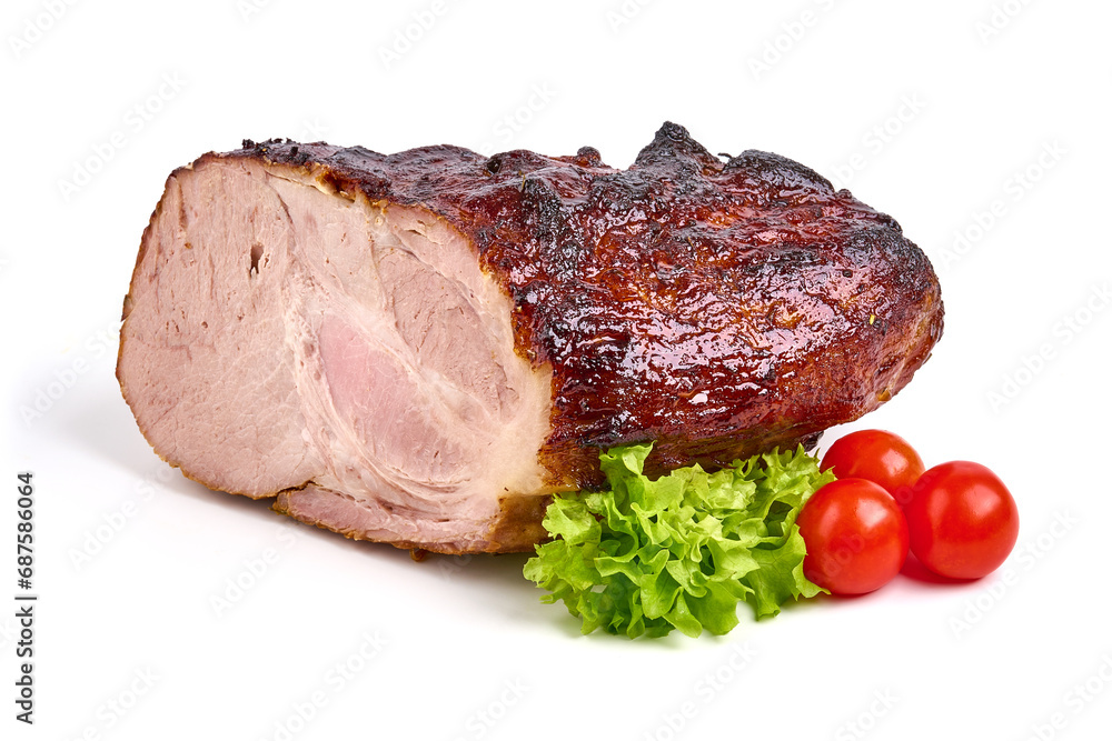 Baked pork roast, spicy glazed meat with prunes, isolated on white background. Baked pork roast, spicy glazed meat with prunes, isolated on white background.