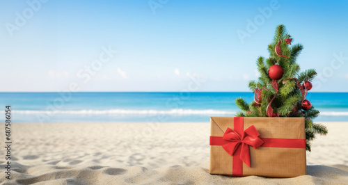 Gift-wrapped Christmas tree on a sandy beach, bringing the holiday spirit to a tropical paradise with a clear blue ocean in the background.