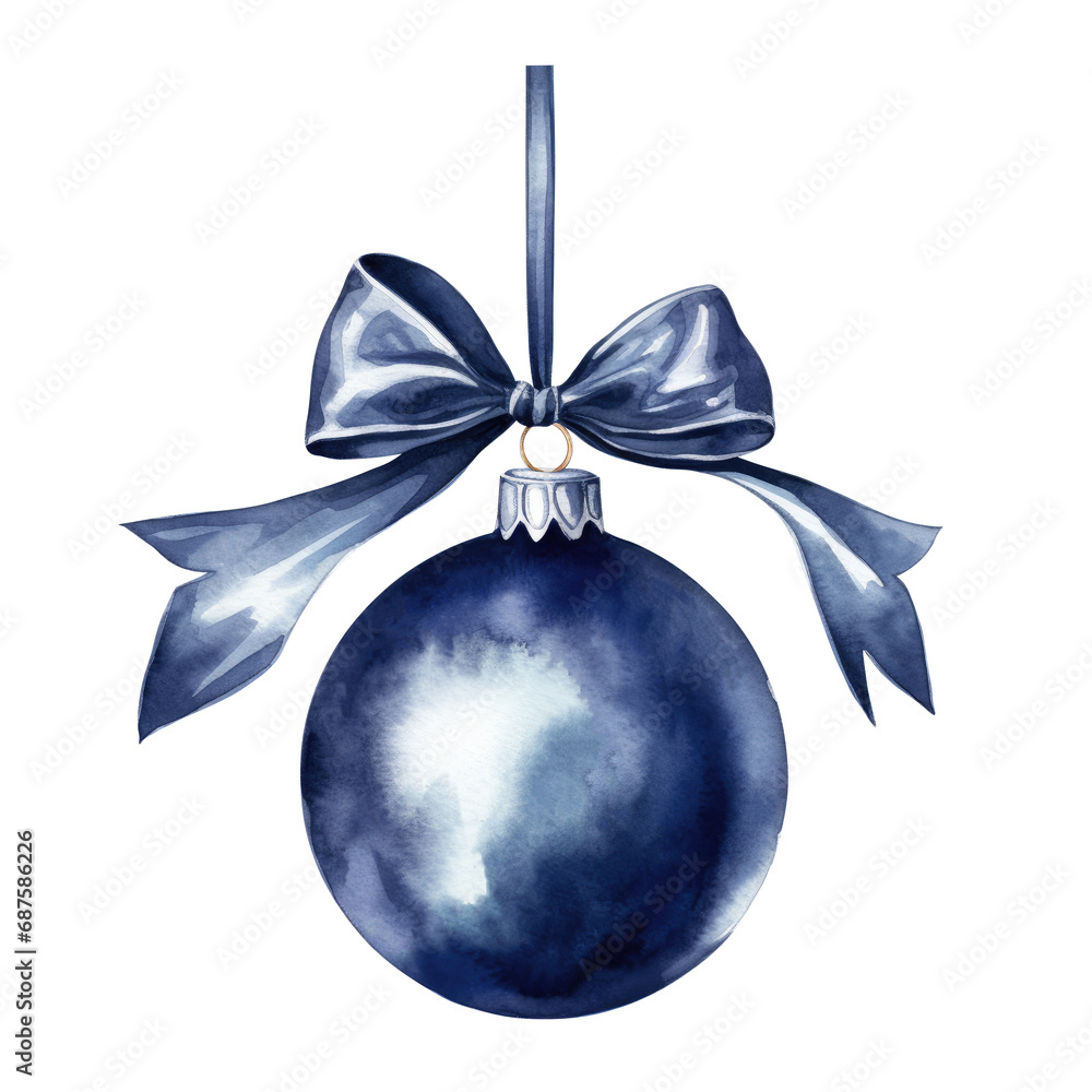 Indigo watercolor Christmas ball with ribbon and a bow, isolated on background. Generative AI. Indigo watercolor Christmas ball with ribbon and a bow, isolated on background. Generative AI.