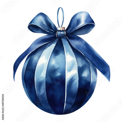 Indigo watercolor Christmas ball with ribbon and a bow, isolated on background. Generative AI.