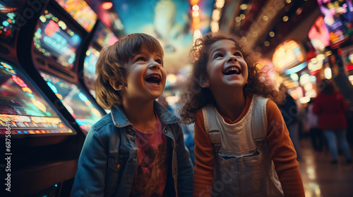 Kids Playing Arcade Games in Retro Outfits: Capture children playing classic arcade games colorful 80s fashion, showcasing the arcade culture of the era