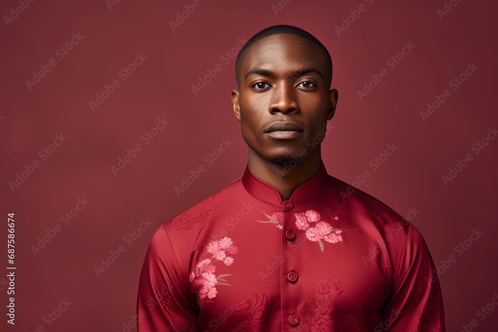 Young African beauty man wearing cheongsam, one color background, copy space. generative ai