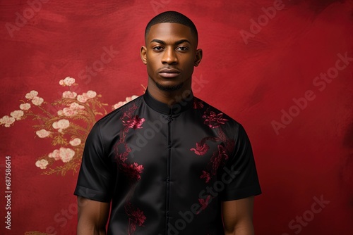 Young African beauty man wearing cheongsam, one color background, copy space. generative ai