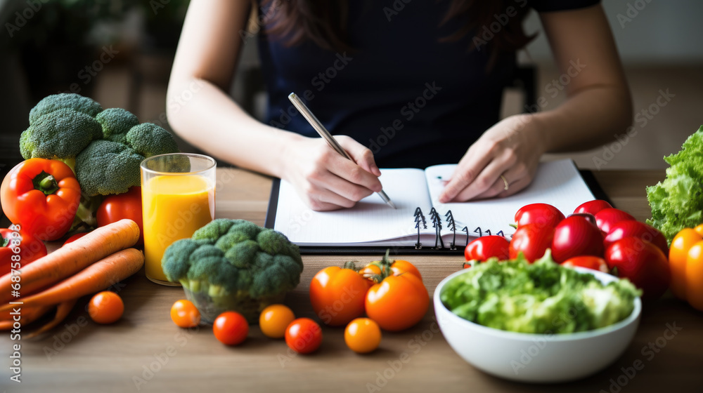 Person writing in a notebook surrounded by a variety of colorful fruits and vegetables, planning healthy diet. - obrazy, fototapety, plakaty 