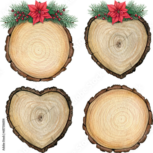 Watercolor christmas wooden slices copy space