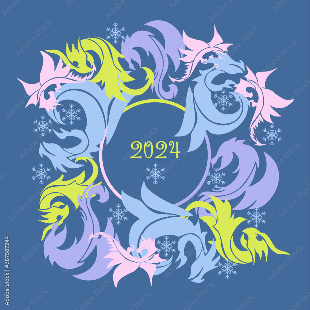 Obraz premium New Year card with 2024 year of the dragon! Chinese horoscope symbol. Dragon logo
